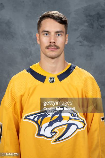 Juuse Saros of the Nashville Predators poses for his official headshot for the 2022-2023 season on September 21, 2022 at Bridgestone Arena in...