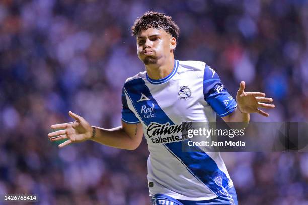 Maximiliano Araujo of Puebla celebrates his team's second goal during the 7th round match between Puebla and Pumas UNAM as part of the Torneo...