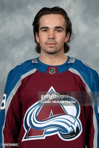Alex Newhook of the Colorado Avalanche poses for his official headshot for the 2022-2023 NHL season on September 21, 2022 at Ball Arena in Denver,...