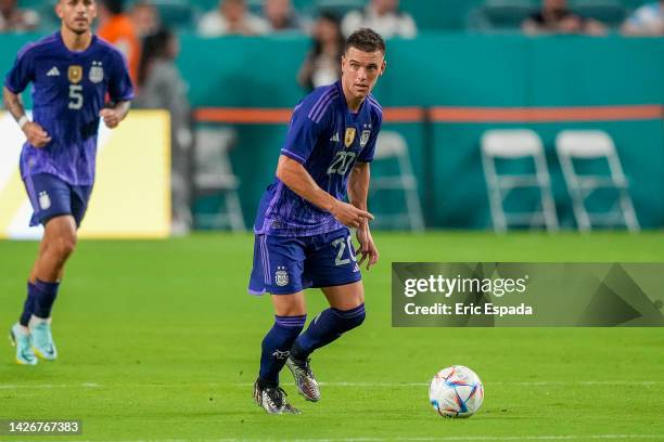 Midfielder Giovani Lo Celso of Argentina kicks the ball during the international friendly match between Honduras and Argentina at Hard Rock Stadium...