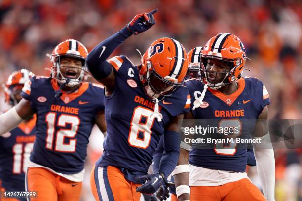 Garrett Williams of the Syracuse Orange celebrates after an interception during the fourth quarter against the Virginia Cavaliers at JMA Wireless...