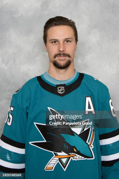 Erik Karlsson of the San Jose Sharks poses for his headshot for the 2022-2023 season on September 21, 2022 at the TechCU Arena in San Jose,...