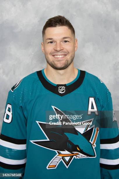 Tomas Hertl of the San Jose Sharks poses for his headshot for the 2022-2023 season on September 21, 2022 at the TechCU Arena in San Jose, California.