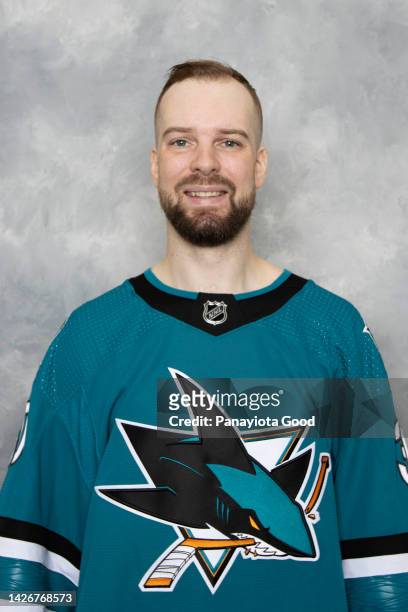 Aaron Dell of the San Jose Sharks poses for his headshot for the 2022-2023 season on September 21, 2022 at the TechCU Arena in San Jose, California.