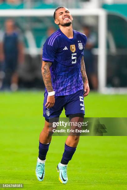 Defender Leandro Paredes of Argentina reacts after a shot on goal during the international friendly match between Honduras and Argentina at Hard Rock...