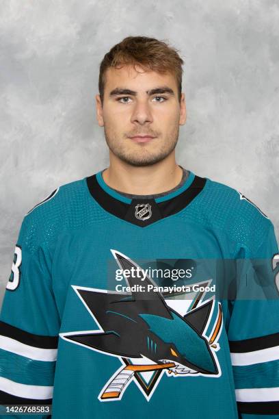 Timo Meier of the San Jose Sharks poses for his headshot for the 2022-2023 season on September 21, 2022 at the TechCU Arena in San Jose, California.