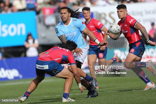 Matt Matich of Northland off loads the ball during the round eight Bunnings NPC match between Tasman and Northland at Trafalgar Park, on September 24...