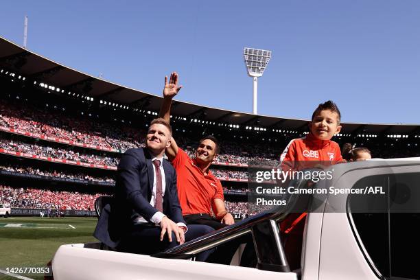 Retiring Saints and Swans player Dan Hannebery and retiring Swans player Josh P. Kennedy thank fans during the Toyota Motorcade during the 2022 AFL...