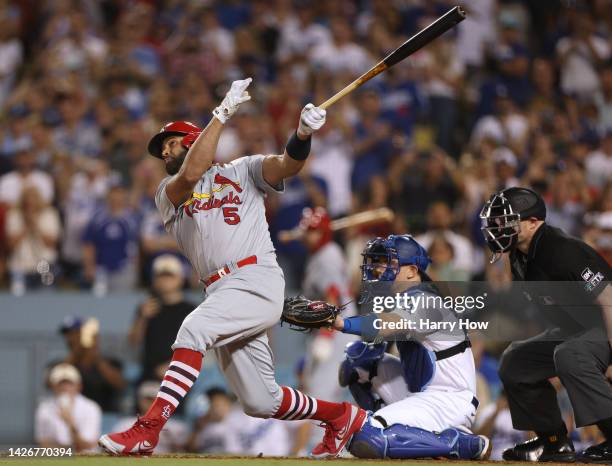 Albert Pujols of the St. Louis Cardinals hits career homerun 700 in front of Will Smith of the Los Angeles Dodgers, a three run homerun to take a 5-0...