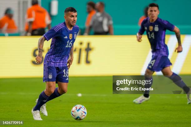 Forward Angel Correa of Argentina kicks the ball during the international friendly match between Honduras and Argentina at Hard Rock Stadium on...