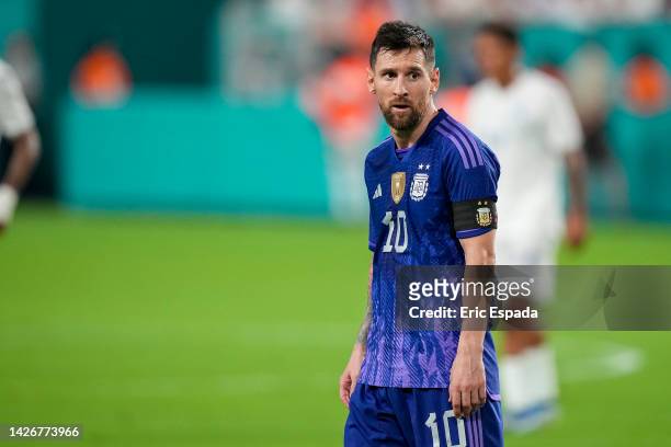 Forward Lionel Messi of Argentina looks on during the international friendly match between Honduras and Argentina at Hard Rock Stadium on September...
