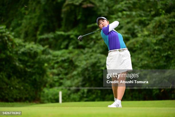 Miyuu Yamashita of Japan hits her tee shot on the 7th hole during the second round of Miyagi TV Cup Dunlop Ladies Open at Rifu Golf Club Mihama...