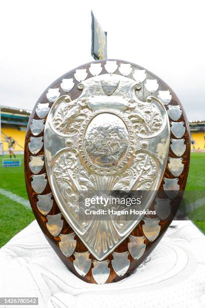 The Ranfurly Shield on display during the round eight Bunnings NPC match between Wellington and Waikato at Sky Stadium, on September 24 in...