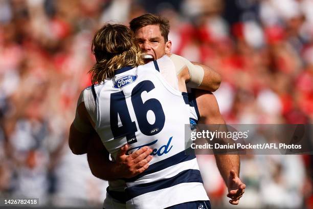 Tom Hawkins of the Cats celebrates kicking a goal during the 2022 AFL Grand Final match between the Geelong Cats and the Sydney Swans at the...