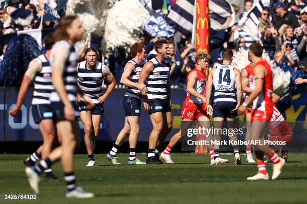 Tom Hawkins of the Geelong Cats celebrates kicking a goal during the 2022 AFL Grand Final match between the Geelong Cats and the Sydney Swans at the...