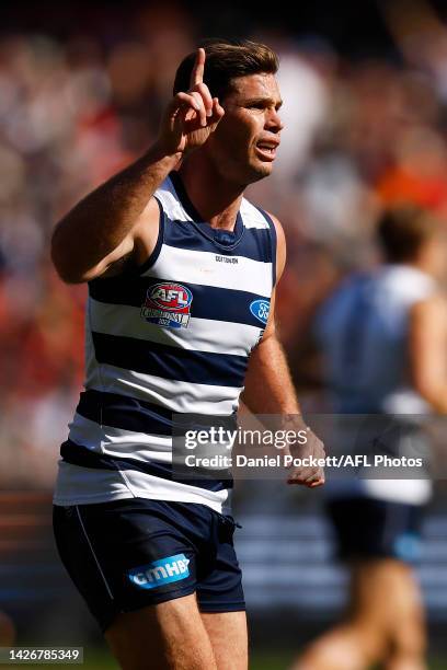 Tom Hawkins of the Cats gestures after kicking a goal during the 2022 AFL Grand Final match between the Geelong Cats and the Sydney Swans at the...