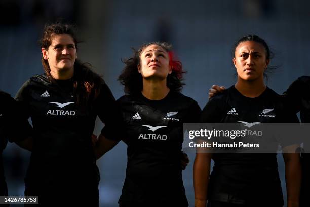 Ruby Tui of the Black Ferns sings the national anthem ahead of the International Women's test match between the New Zealand Black Ferns and Japan at...