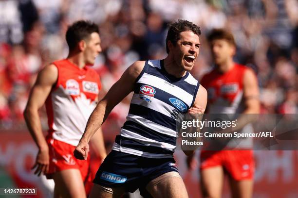 Isaac Smith of the Cats celebrates kicking a goal during the 2022 AFL Grand Final match between the Geelong Cats and the Sydney Swans at the...