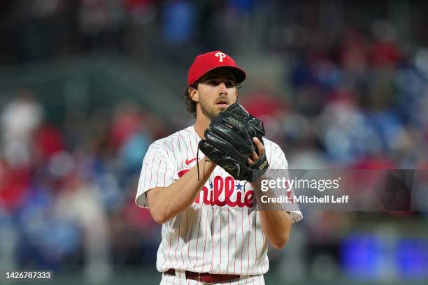 Aaron Nola of the Philadelphia Phillies looks on against the Atlanta Braves at Citizens Bank Park on September 23, 2022 in Philadelphia,...