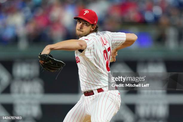 Aaron Nola of the Philadelphia Phillies throws a pitch against the Atlanta Braves at Citizens Bank Park on September 23, 2022 in Philadelphia,...