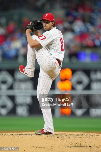 Aaron Nola of the Philadelphia Phillies throws a pitch against the Atlanta Braves at Citizens Bank Park on September 23, 2022 in Philadelphia,...