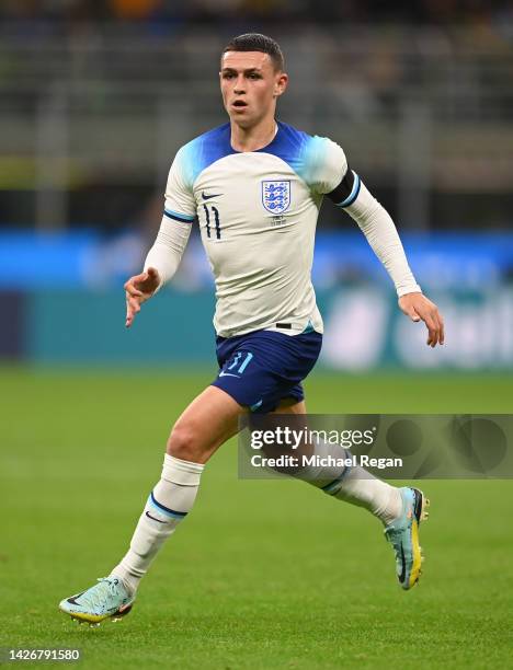 Phil Foden of England in action during the UEFA Nations League League A Group 3 match between Italy and England at San Siro on September 23, 2022 in...