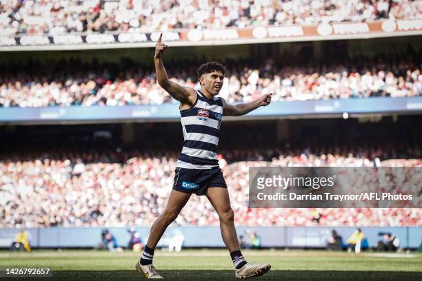 Tyson Stengle of the Cats celebrates a goal during the 2022 AFL Grand Final match between the Geelong Cats and the Sydney Swans at the Melbourne...