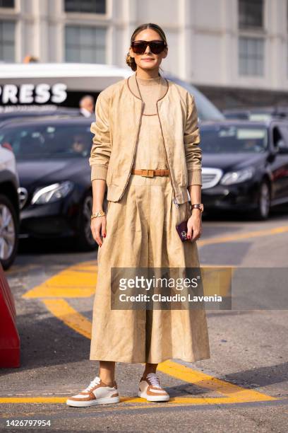 Olivia Palermo is seen wearing beige jacket and pants and brown Tod's belt outside the Tod's show during the Milan Fashion Week - Womenswear...