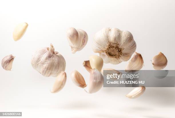 garlic cloves and bulb flying on a white background - garlic foto e immagini stock