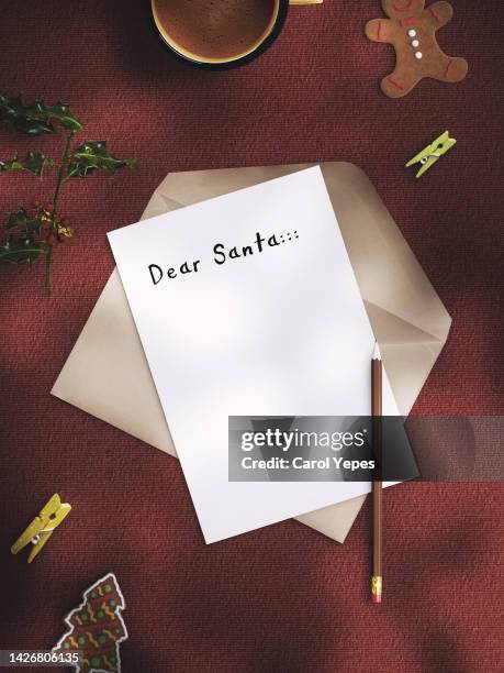 letter to santa claus  with ginger cookies.yp view.casting shadows - index card stockfoto's en -beelden