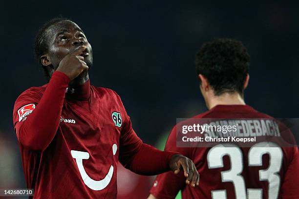 Didier Ya Konan of Hannover celebrates the second goal during the Bundesliga match between Hanover 96 and VfL Wolfsburg at AWD Arena on April 11,...