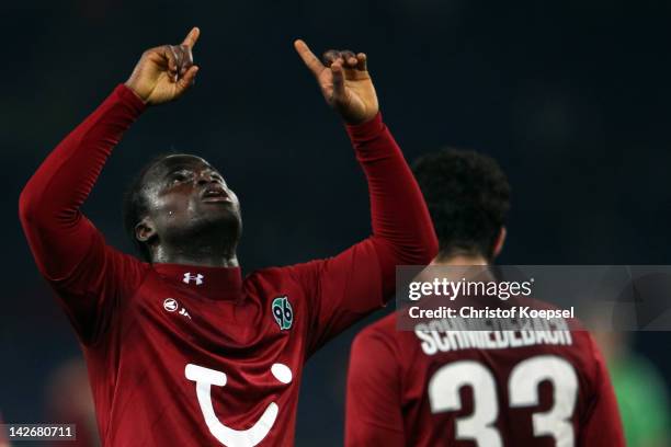 Didier Ya Konan of Hannover celebrates the second goal during the Bundesliga match between Hanover 96 and VfL Wolfsburg at AWD Arena on April 11,...