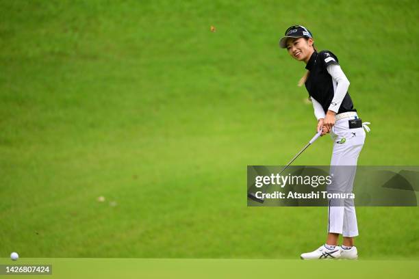 Yuka Yasuda of Japan attempts a putt on the 5th green during the second round of Miyagi TV Cup Dunlop Ladies Open at Rifu Golf Club Mihama Course on...