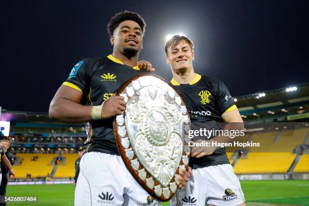 Peter Lakai and Ruben Love of Wellington hold the Ranfurly Shield after the round eight Bunnings NPC match between Wellington and Waikato at Sky...