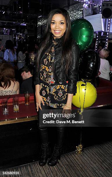 Dionne Bromfield attends the launch of LIPBOOM created with Alexandra Burke by MUA Cosmetics at The Rose Club on April 11, 2012 in London, England.
