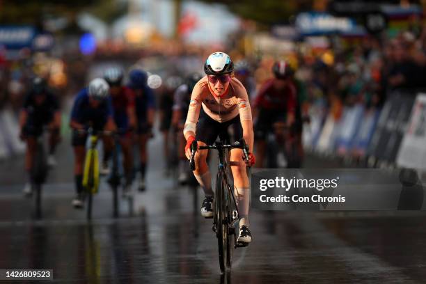 Annemiek Van Vleuten of Netherlands crosses the finishing line and win the 95th UCI Road World Championships 2022 - Women Elite Road Race a 164,3km...