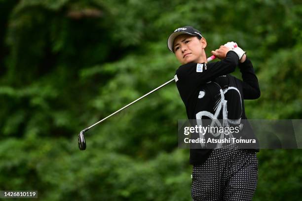 Sakura Yokomine of Japan hits her tee shot on the 7th hole during the second round of Miyagi TV Cup Dunlop Ladies Open at Rifu Golf Club Mihama...