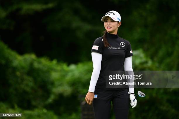 Asuka Kashiwabara of Japan reacts after her tee shot on the 7th hole during the second round of Miyagi TV Cup Dunlop Ladies Open at Rifu Golf Club...
