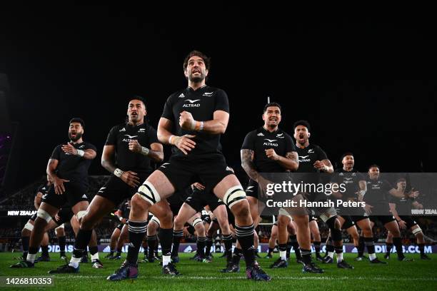 Sam Whitelock of the All Blacks leads the Haka ahead of The Rugby Championship and Bledisloe Cup match between the New Zealand All Blacks and the...
