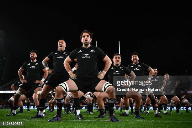 Sam Whitelock of the All Blacks leads the Haka ahead of The Rugby Championship and Bledisloe Cup match between the New Zealand All Blacks and the...