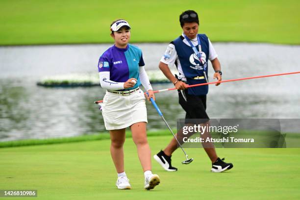Miyuu Yamashita of Japan reacts on the 15th green during the second round of Miyagi TV Cup Dunlop Ladies Open at Rifu Golf Club Mihama Course on...