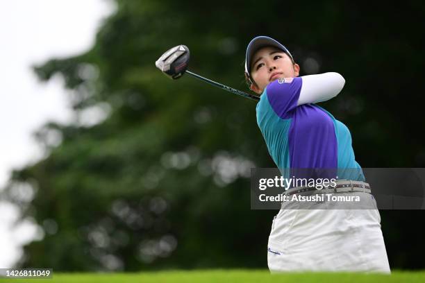 Miyuu Yamashita of Japan hits her tee shot on the 16th hole during the second round of Miyagi TV Cup Dunlop Ladies Open at Rifu Golf Club Mihama...