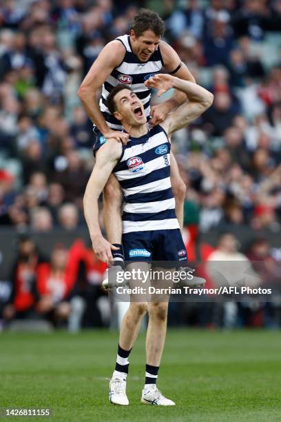 Jeremy Cameron of the Cats celebrates a goal during the 2022 AFL Grand Final match between the Geelong Cats and the Sydney Swans at the Melbourne...