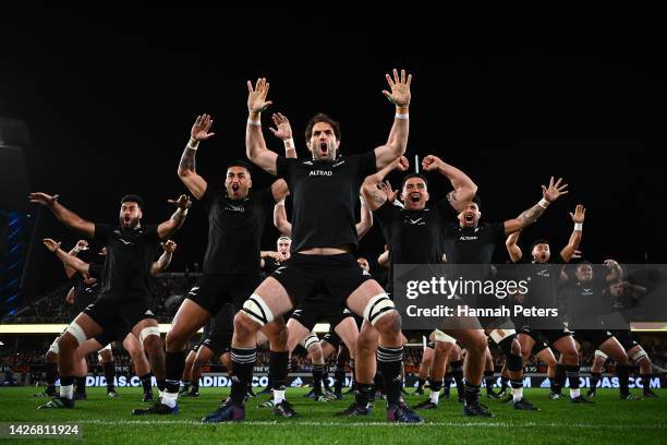 Sam Whitelock of the All Blacks leads the Haka ahead of The Rugby Championship and Bledisloe Cup match between the New Zealand All Blacks and the...