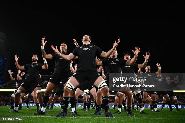 Sam Whitelock of the All Blacks leads the Haka ahead of The Rugby Championship and Bledisloe Cup match between the New Zealand All Blacks and the...