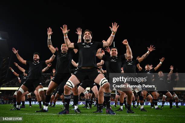 Sam Whitelock of the All Blacks leads the Haka ahead of The Rugby Championship and Bledisloe Cup match between the New Zealand All Blacks and the...