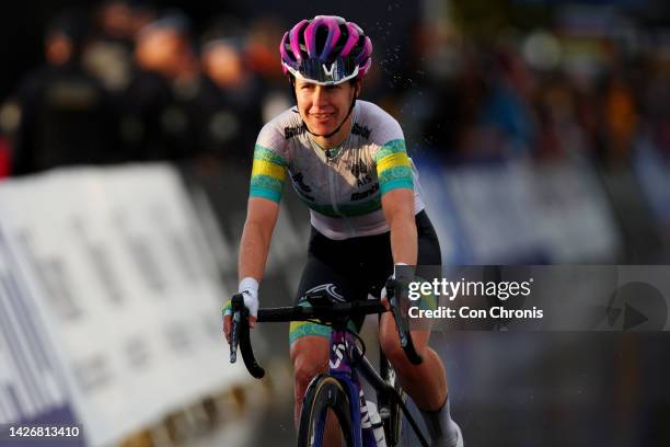 Amanda Spratt of Australia crosses the finishing line during the 95th UCI Road World Championships 2022 - Women Elite Road Race a 164,3km one day...