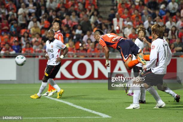 Yuki Fukaya of Omiya Ardija heads to score his side's second goal during the J.League J1 match between Omiya Ardija and Urawa Red Diamonds at NACK5...