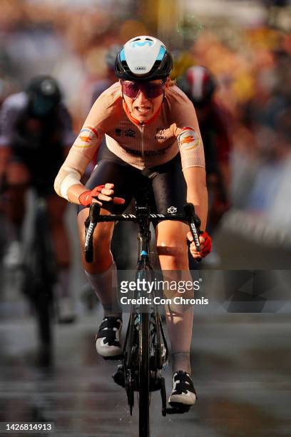 Annemiek Van Vleuten of Netherlands crosses the finishing line and win the 95th UCI Road World Championships 2022 - Women Elite Road Race a 164,3km...