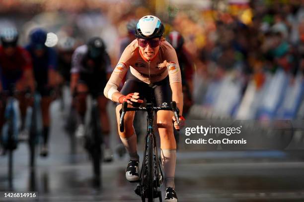 Annemiek Van Vleuten of Netherlands crosses the finishing line and win the 95th UCI Road World Championships 2022 - Women Elite Road Race a 164,3km...